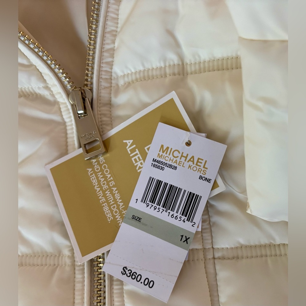 STUNNING 💅❄ Michael Kors Bone White MK Mid-Length Fur Puffer Jacket Coat $360 - Picture 9 of 15